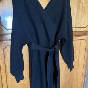 Elegant Black Wrap Sweater Dress